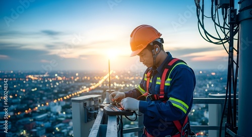 Skilled engineer in safety gear performing critical maintenance on telecommunications equipment high above a bustling city skyline at dawn.