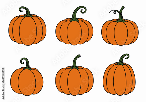 Set of Six Orange Cartoon Pumpkins with Green Stems for Autumn and Halloween Decorations