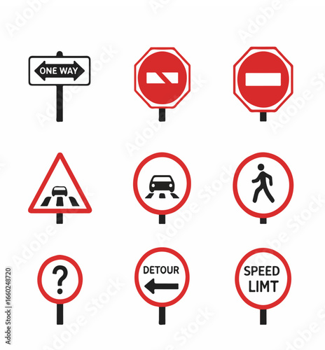 Collection of common road and traffic signs, including warning, prohibitory, and informational symbols, isolated on a white background.