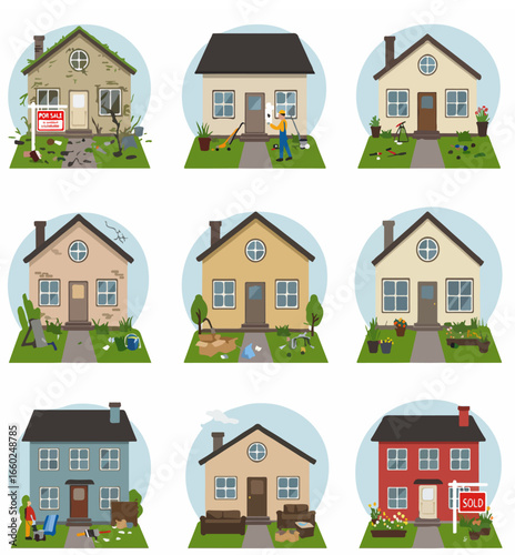 Property transformation journey: from neglected home to a sold property through renovation, cleaning, and moving.
