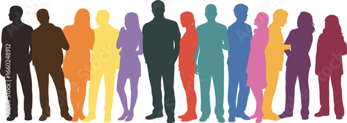 Diverse group of people standing, colorful silhouettes illustration, community unity concept, inclusion, diversity, gender equality, social connection art