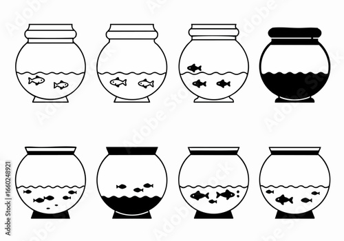 Collection of Black and White Fish Bowl Icons with Fish and Water Variations, Simple Vector Illustrations