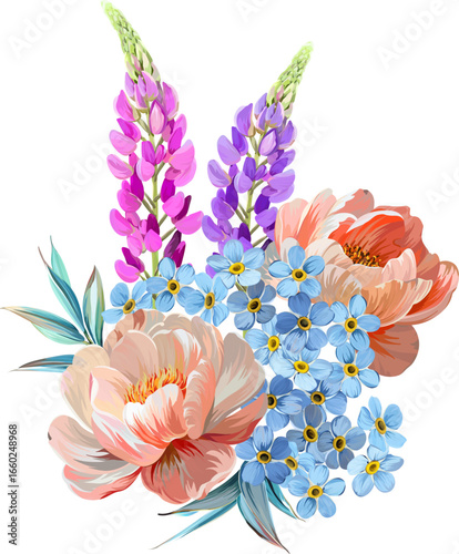 Vector bouquet flowers. Peony, lupine, forget-me-not
