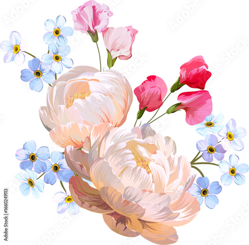 Vector bouquet flowers. Peony, lupine, forget-me-not
