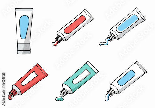 Cartoon illustrations of various toothpaste and cream tubes in red, blue, and mint colors, some closed and some with product squeezed out.