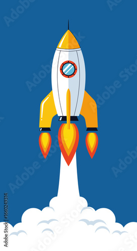 Powerful rocket launching into outer space with fiery exhaust blasting through clouds above planet