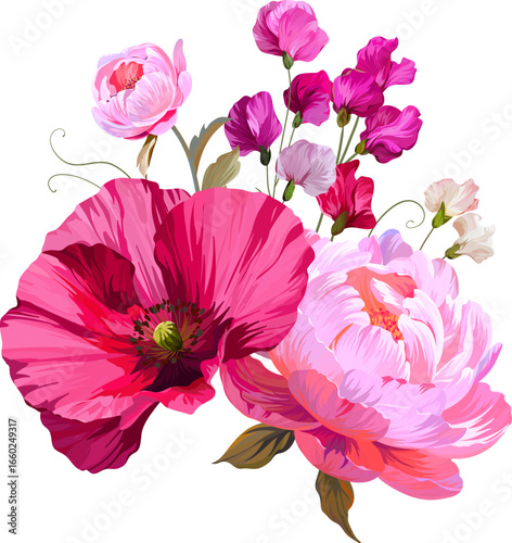 Vector bouquet pink flowers. Poppy, buttercup, anemone, peony, forget-me-not and sweet pea flower