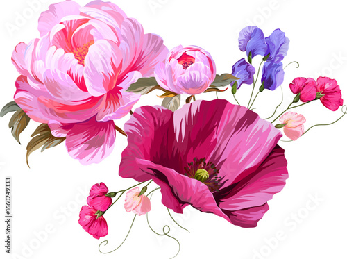 Vector bouquet pink flowers. Poppy, buttercup, anemone, peony, forget-me-not and sweet pea flower