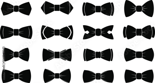 Silhouette Black Bow Tie Vector Set for Formal Fashion, Men’s Neckwear Icons, Tuxedo Accessories, Wedding Style, Party Wear Design