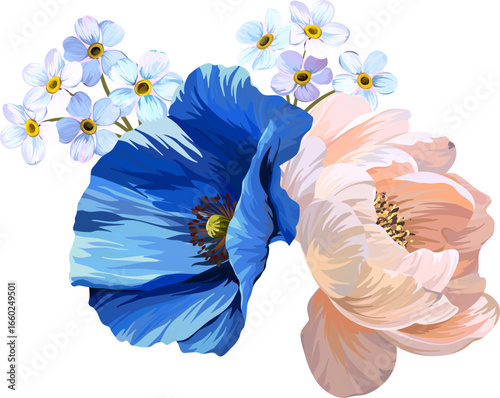 Vector bouquet blue and white flowers. Poppy, buttercup, anemone, peony, forget-me-not and sweet pea flower