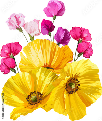Vector bouquet yellow flowers. Poppy, buttercup, anemone yellow and sweet pea flower