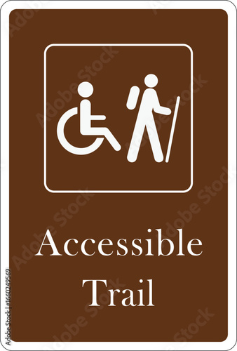 Disabled wheelchair  and Directional hiking trail safety sign accessible trail.