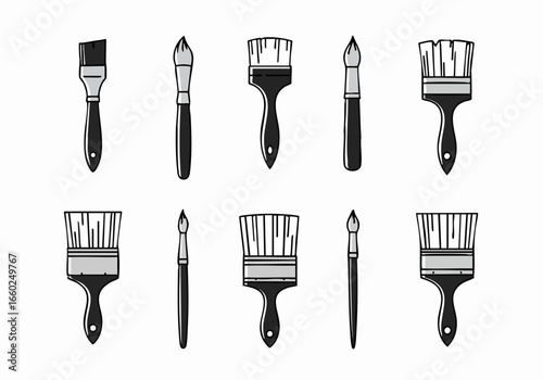 Various art and paint brushes in a clean, flat design illustration, showcasing different types of painting tools on a white background.