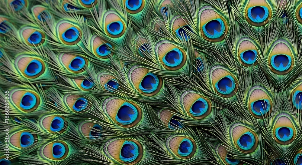 Obraz premium Intricate pattern of vibrant peacock feathers displaying iridescent colors and textures