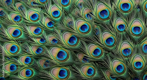 Intricate pattern of vibrant peacock feathers displaying iridescent colors and textures