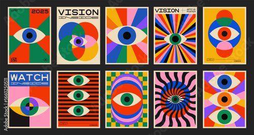 Cool Abstract Geometric Eye Poster. Pop Art Retro Vision Placard. Playful Pattern.