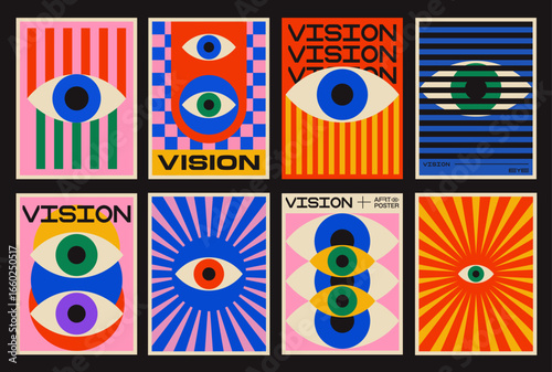 Cool Abstract Geometric Eye Poster. Pop Art Retro Vision Placard. Playful Pattern.