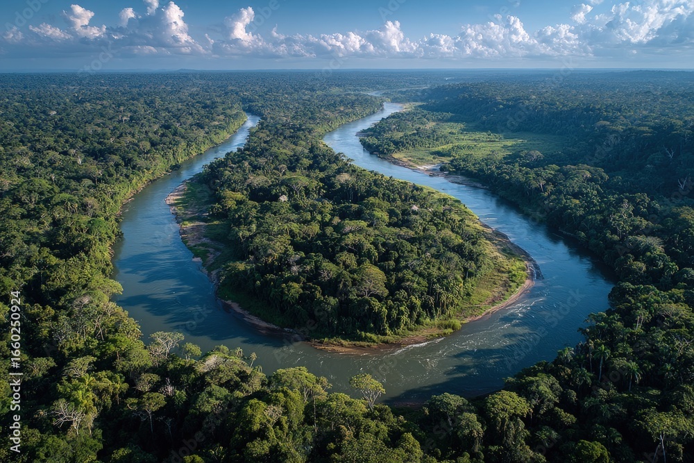 Obraz premium Aerial view showcases a wide, winding river carving through lush green rainforest under a bright, blue sky