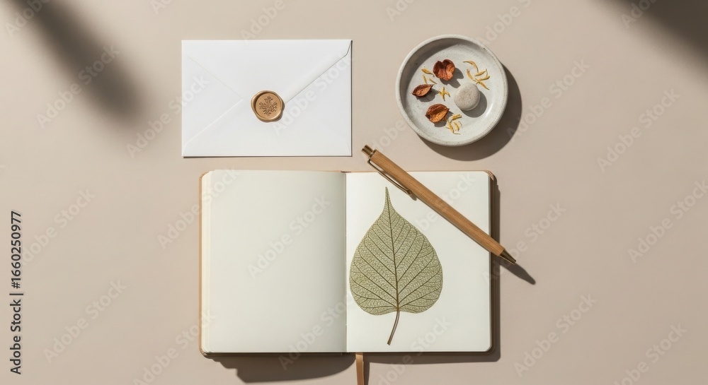 Fototapeta premium Open notebook with dried leaf and pen next to envelope and small dish image
