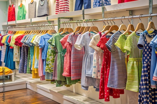 Colorful childrens dresses on display in a clothing store, showcasing a variety of styles and patterns