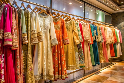 Colorful array of indian ethnic dresses displayed on hangers in a retail shop showcasing traditional fashion and vibrant designs