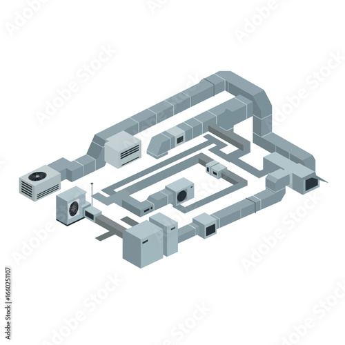 An intricate isometric illustration depicts a comprehensive heating, ventilation, and air conditioning system with various ducts and units.
