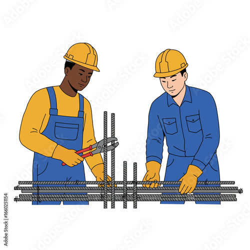 Two diverse construction workers wearing hard hats and overalls meticulously assemble steel rebar, preparing the foundation for a new building project.