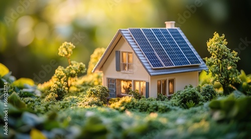 Miniature house with solar panels, nestled in lush greenery