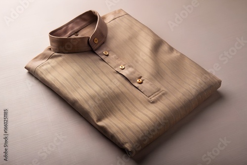Elegant folded kurta shirt isolated on a neutral surface, showcasing traditional indian fashion for men