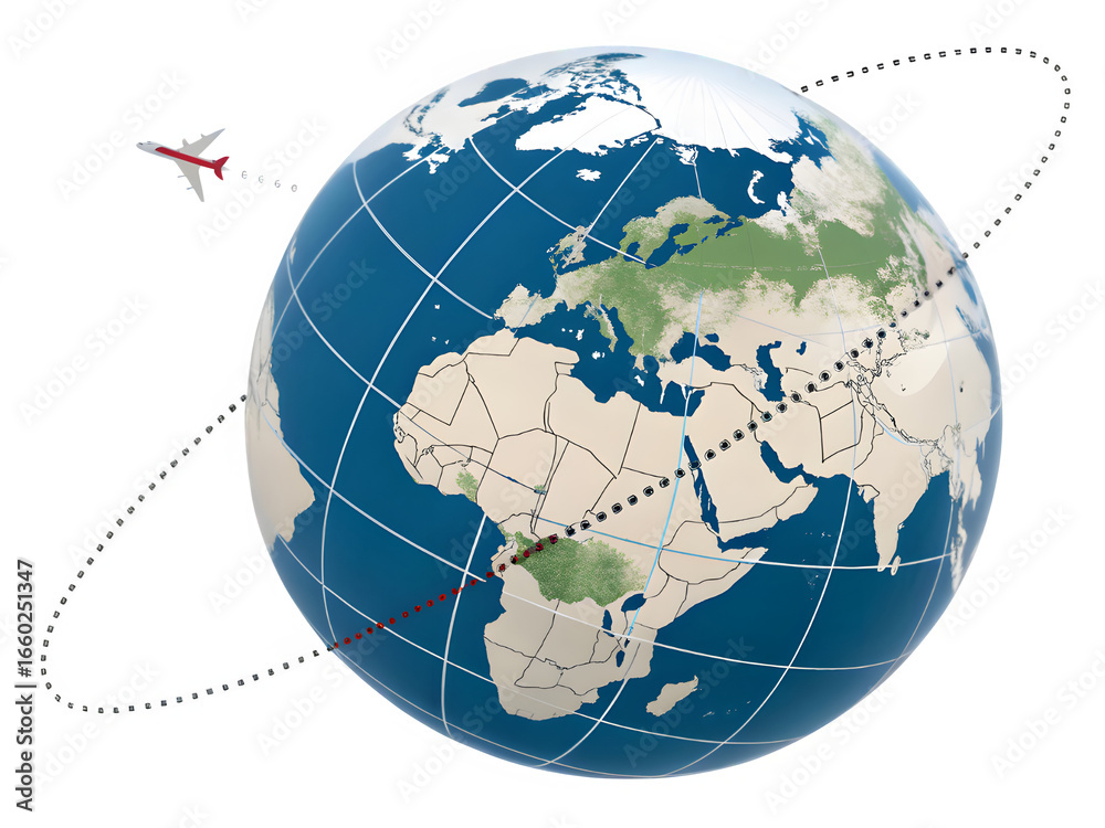 Naklejka premium Airplane flying around the earth with a dotted flight path
