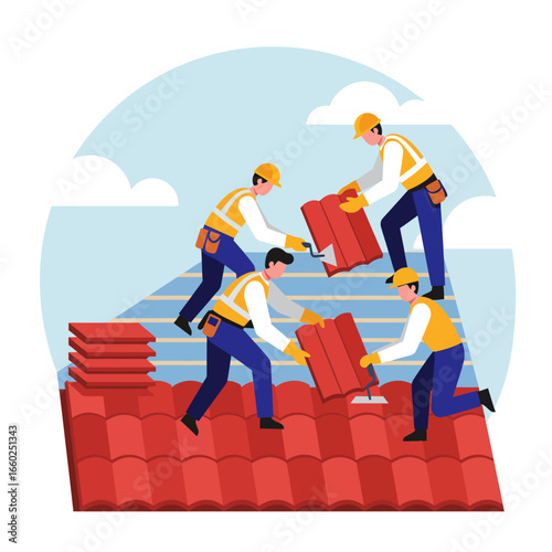 A team of skilled construction workers diligently installs new red tiles on a residential roof, demonstrating teamwork and professional craftsmanship.