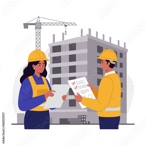 Dedicated male and female construction workers in safety gear meticulously review building plans and project documents, overseeing a developing high-rise structure.