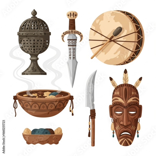 Shamanic ritual objects: incense burner, offering bowl, dagger, drum, knife, and tribal mask.