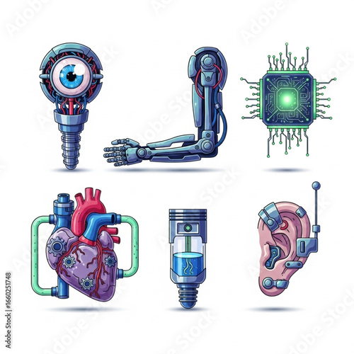 Collection of futuristic bionic implants: eye, arm, chip, heart, ear, and injection.