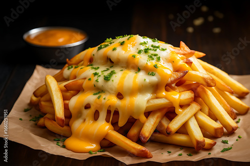 Crispy golden fries loaded with melted cheese and herbs