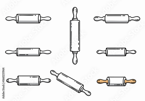 Set of Simple Line Art Rolling Pins for Baking, Dough, and Kitchen Utensil Designs, Isolated on White.