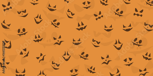Halloween pattern with spooky pumpkin monster faces in black silhouette style scattered on orange background creating a creepy festive design for holiday decoration textile and wrapping paper