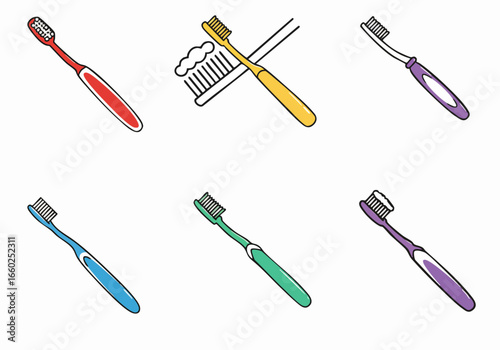 Colorful Toothbrushes and Oral Hygiene Icons Set: A Collection of Dental Care Tools and Brushing Concepts