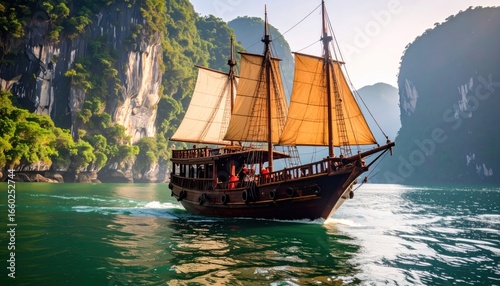 Sailing Ship Cruising in Ha Long Bay with Vietnam, and Travel.