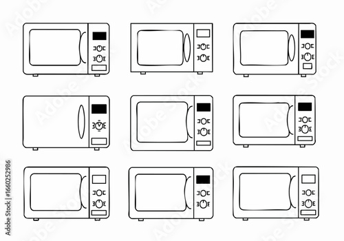 Minimalist line art collection of microwave ovens, perfect for kitchen designs, home appliances, and cooking technology.