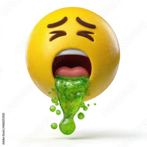 Sick Emoji Vomiting Green Slime with Droplets on White Background
