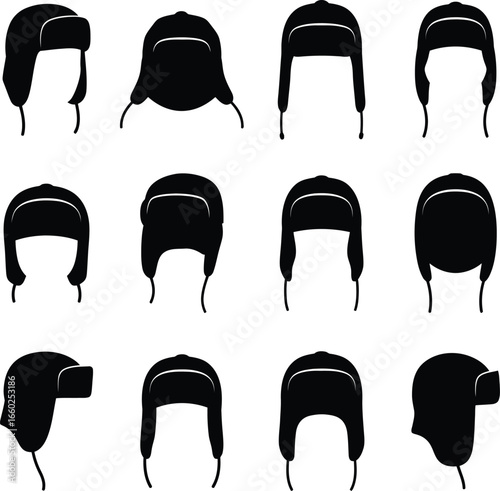A comprehensive collection of various trapper hat silhouettes, featuring different styles and angles, presented as vector icons for winter clothing and apparel designs.