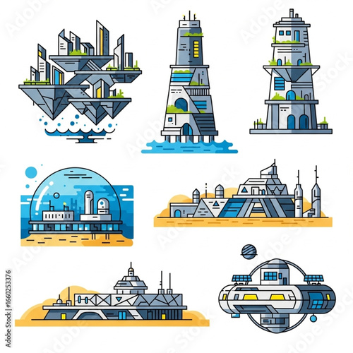 Futuristic cityscapes and architectural concepts in a modern, innovative style.