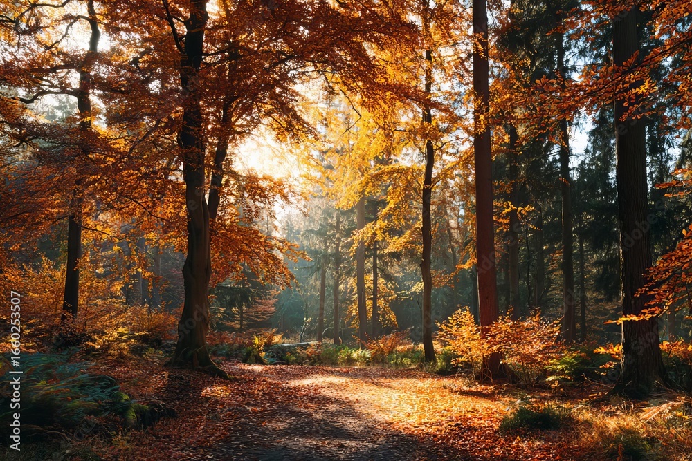 Obraz premium Golden autumn forest path bathed in warm sunlight, serene nature scene