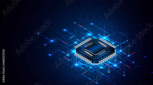 Microchip processor circuit board technology on dark blue background. Information Processing Concept. Circuit board hi-tech technology background. vector illustration	