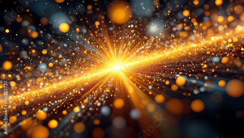 Golden Light Halo with Sparkling Particles on Dark Background and abstract background with lights