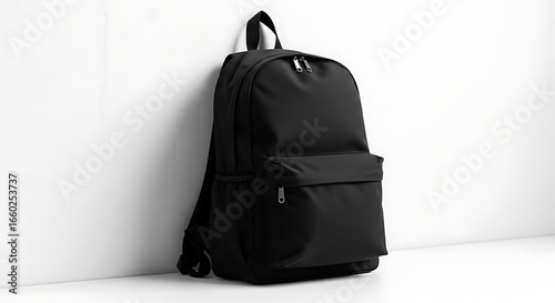 A black backpack rests against a white wall, showcasing its simple design and practical features.