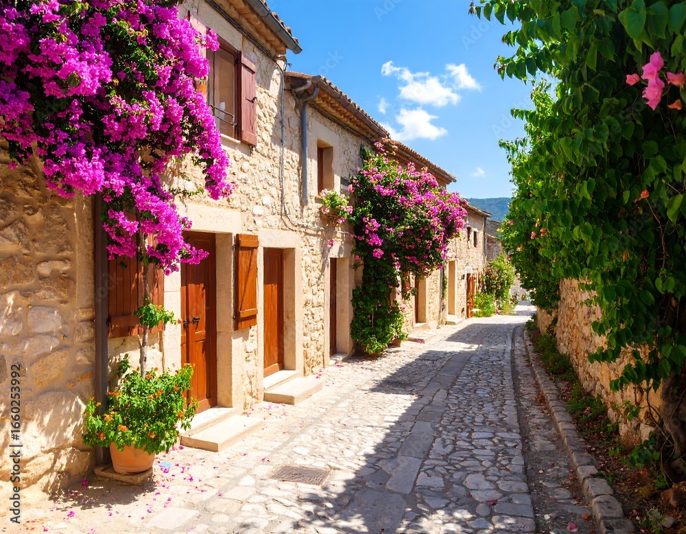 Fototapeta premium Sunny Stone Street with Pink Flowers.