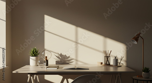 Minimalist home workspace with sunlight and plants.