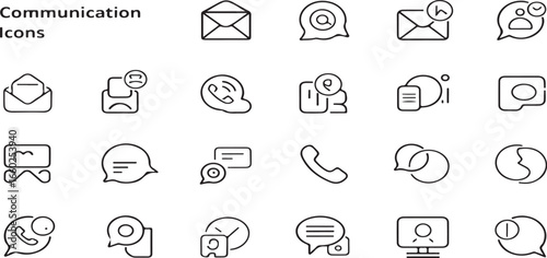 Communication icons set including email, phone, chat, message, video call, and notification symbols for digital interaction and connectivity.